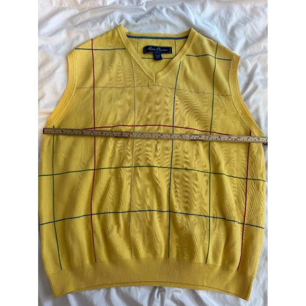 Vintage Alan Flusser Golf Sweater Vest Men’s XL Yellow Cotton Preppy Argyle